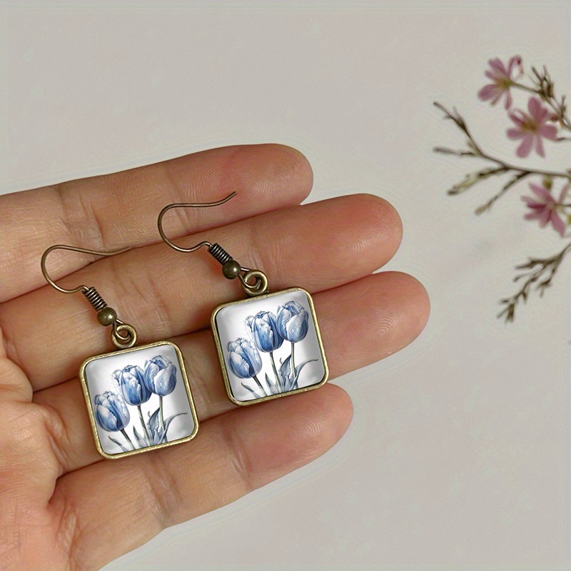 Women's Blue Tulip Square Dangle Earrings, Handmade Gift